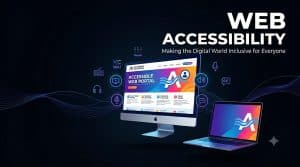 A minimalist featured image for web accessibility on a solid dark background. A sleek desktop monitor and a laptop float in the center, displaying vibrant, colorful web interfaces with accessibility features. Brightly glowing neon icons for subtitles, audio, braille, and keyboard navigation drift around the screens, connected by elegant, flowing soundwave lines. The top right features bold white typography that reads "WEB ACCESSIBILITY" with the subtitle "Making the Digital World Inclusive for Everyone."