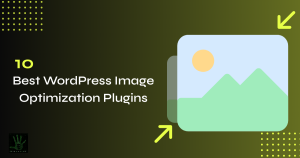 Illustration of a landscape photo icon with mountains and sun, layered behind a smaller icon, on a dark green background with the text '10 Best WordPress Image Optimization Plugins
