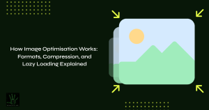 A featured image with a very dark green background. On the left, bold white text reads "How Image Optimisation Works: Formats, Compression, and Lazy Loading Explained." On the right, a stack of three overlapping vector image icons (showing a green mountain and yellow sun against a light blue sky) recedes and fades into the background. Four lime-green arrows point inward toward the corners of the front image icon, symbolizing file compression. Subtle lime-green dot grids frame the top-left and bottom-center, and a small dark square logo sits in the bottom-left corner