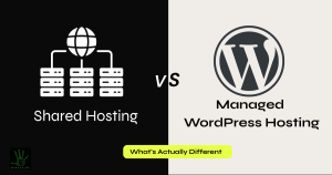 A featured image split vertically down the middle. The left half is solid black with a white icon of a globe networked to three server racks, above the white text "Shared Hosting." The right half is light gray with a dark gray WordPress logo above the dark text "Managed WordPress Hosting." Centered on the dividing line is a stylized "vs" where the "v" is white and the "s" is black. A bright lime-yellow rounded badge spans the center bottom with the black text "What's Actually Different," and a small green Enigmaking agency logo sits in the bottom-left corner.