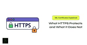 A featured image with a light off-white background. On the left side is a vector graphic of a purple and white browser window displaying "HTTPS" with a green padlock icon, flanked by a smaller orange padlock at the bottom right corner. On the right, a bright yellow pill badge reads "SSL Certificates Explained:" above bold black text that reads "What HTTPS Protects and What It Does Not." A small dark agency logo sits in the bottom left corner.