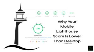 A technical blog featured image with a clean white background. On the left, a large black vector silhouette of a lighthouse stands on stylized waves. The center displays Google Lighthouse audit scores with green circular meters showing 100 for Performance, 100 for Accessibility, 100 for Best Practices, and 91 for SEO, along with an expanded "100 Performance" breakdown gauge. On the right, large, bold black text reads "Why Your Mobile Lighthouse Score Is Lower Than Desktop," followed by a small subtitle "and How to Fix It." A small, square matrix-style logo is placed in the bottom right corner.