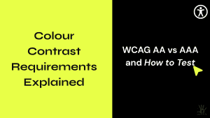A featured image split vertically down the middle. The left half has a bright lime-yellow background with bold black text that reads "Colour Contrast Requirements Explained." The right half has a solid black background with white text reading "WCAG AA vs AAA and How to Test," where "How to Test" is italicized and pointed to by a small lime-yellow cursor. A white universal accessibility icon sits in the top right corner, and a small, dark square logo is in the bottom right corner.