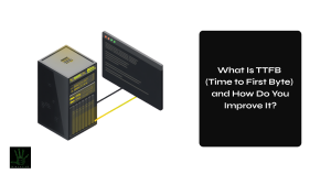A featured image with a light off-white background. On the left side is a detailed 3D isometric illustration of a dark server rack connected by black and yellow cables to a floating dark browser terminal window. On the right, a large black rounded rectangle contains bold white text reading "What Is TTFB (Time to First Byte) and How Do You Improve It?" A small dark agency logo sits in the bottom left corner.