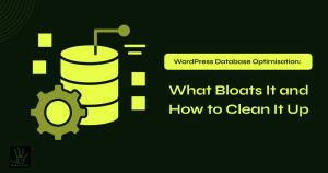 A dark green featured image with subtle green circular line art in the top-left corner. On the left side is a bright lime-green database cylinder graphic paired with an olive-green gear icon, surrounded by small lime square data accents. On the right, a bright lime pill badge reads "WordPress Database Optimisation:" above bold white and lime-green text reading "What Bloats It and How to Clean It Up." A small dark agency logo sits in the bottom left corner.