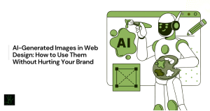 A featured image with a light off-white background. On the left side, bold black text guided by a subtle vertical gray line reads "AI-Generated Images in Web Design: How to Use Them Without Hurting Your Brand." On the right, a stylized green and white line-art illustration shows a robot holding an artist's paint palette and paintbrush, painting a green paint splatter containing the bold text "AI" onto a browser canvas. A small dark agency logo rests in the bottom left corner.