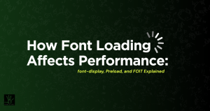 A dark green featured image with a subtle background pattern of floating typography letters. Centered is bold white text reading "How Font Loading Affects Performance:" paired with a white loading spinner icon at the end of the line. Below, smaller lime-green text reads "font-display, Preload, and FOIT Explained." A small dark agency logo is anchored in the bottom left corner.